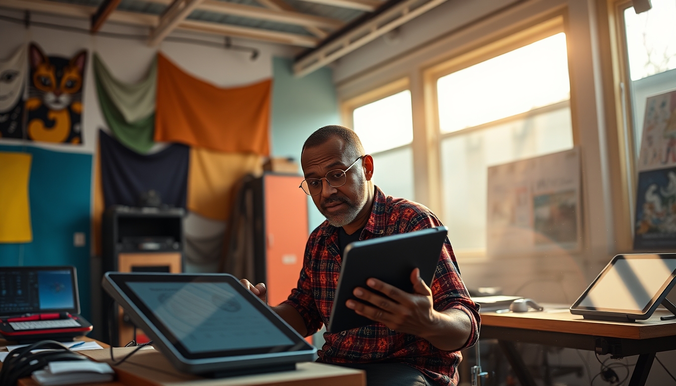 NFT artist in a colorful studio with digital tablets em estilo editorial