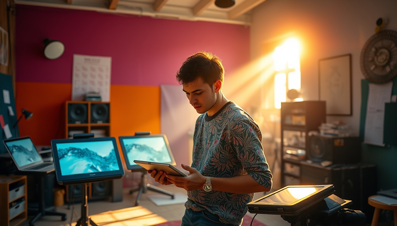 NFT artist in a colorful studio with digital tablets em estilo editorial