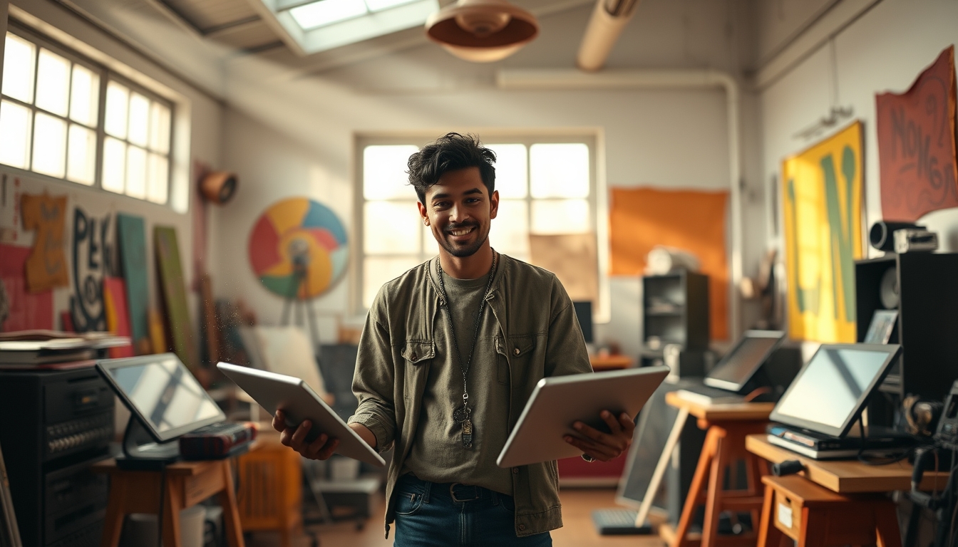 NFT artist in a colorful studio with digital tablets em estilo editorial