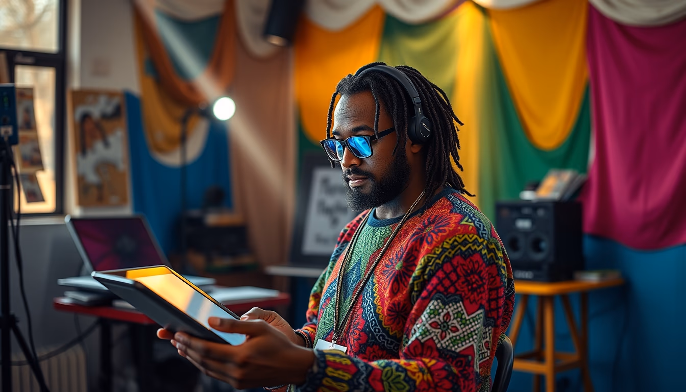 NFT artist in a colorful studio with digital tablets in editorial style