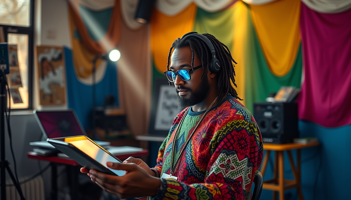 NFT artist in a colorful studio with digital tablets em estilo editorial