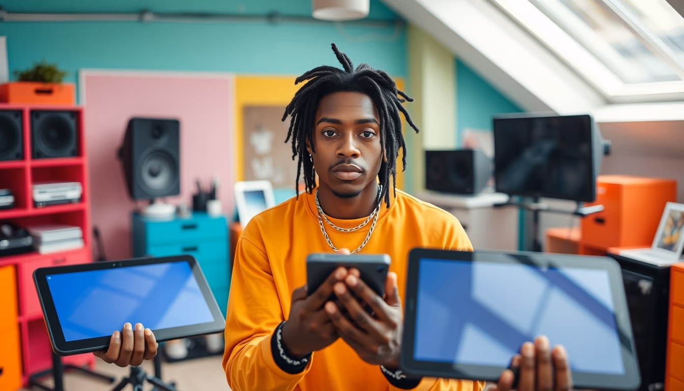 NFT artist in a colorful studio with digital tablets em estilo editorial