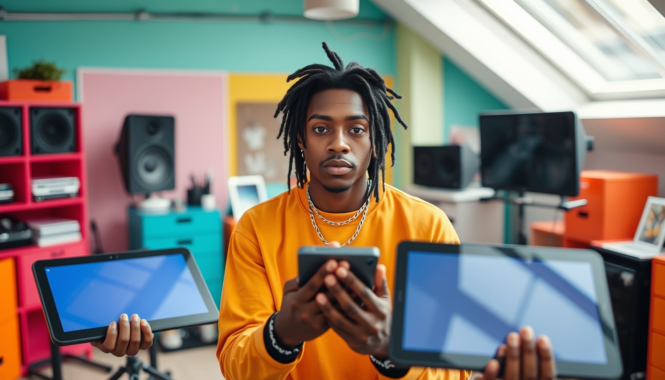 NFT artist in a colorful studio with digital tablets em estilo editorial