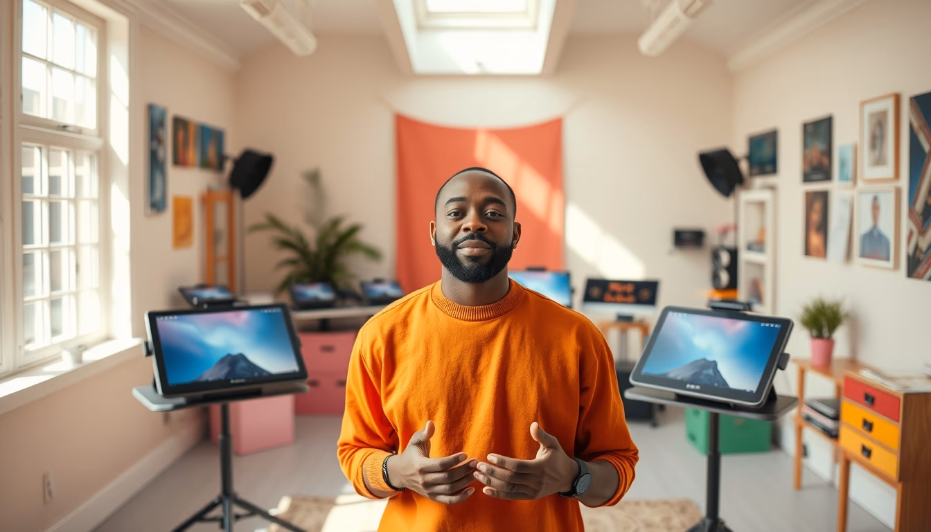 NFT artist in a colorful studio with digital tablets in editorial style