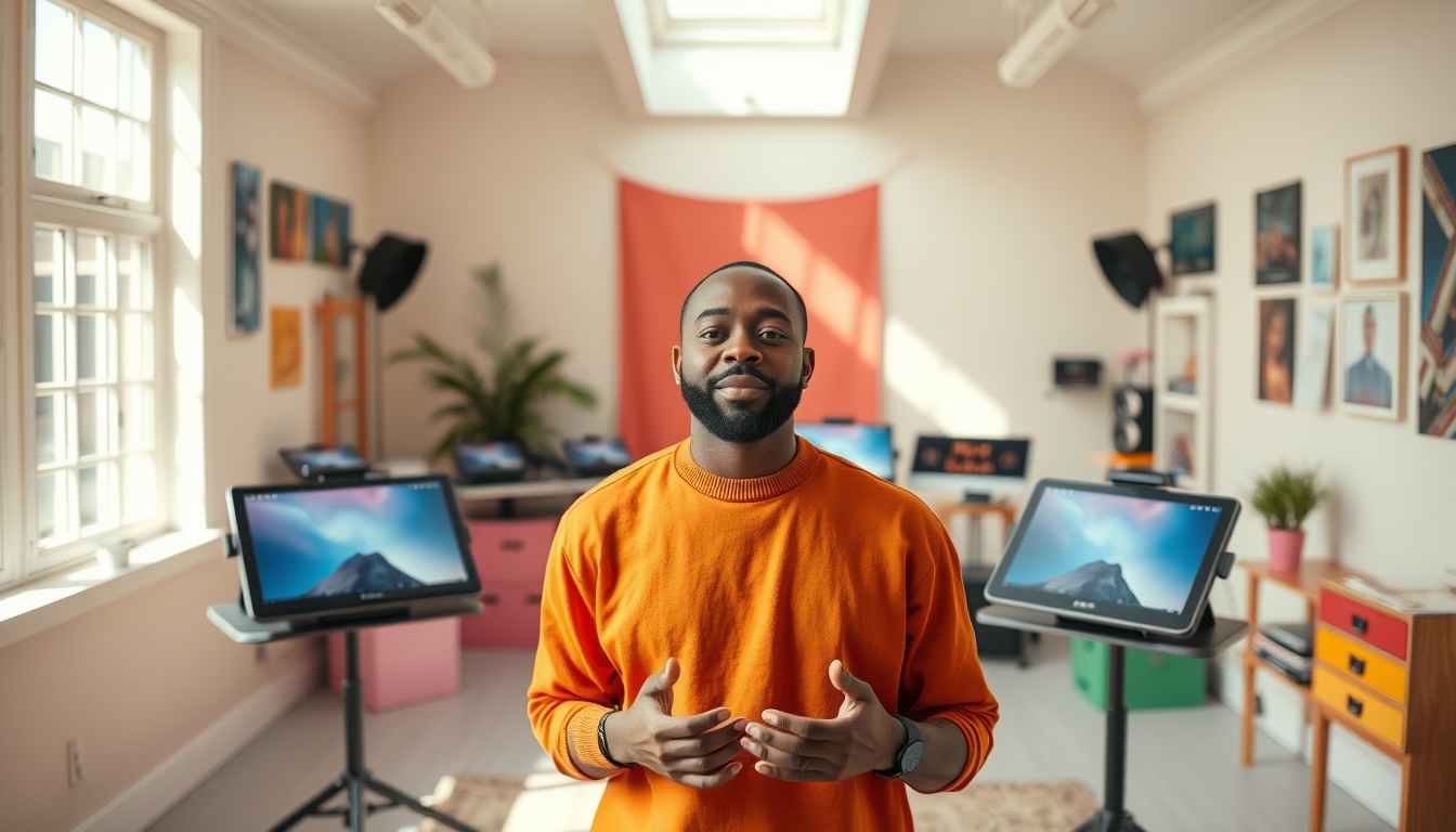 NFT artist in a colorful studio with digital tablets em estilo editorial