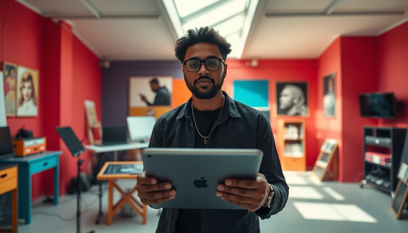 NFT artist in a colorful studio with digital tablets em estilo editorial