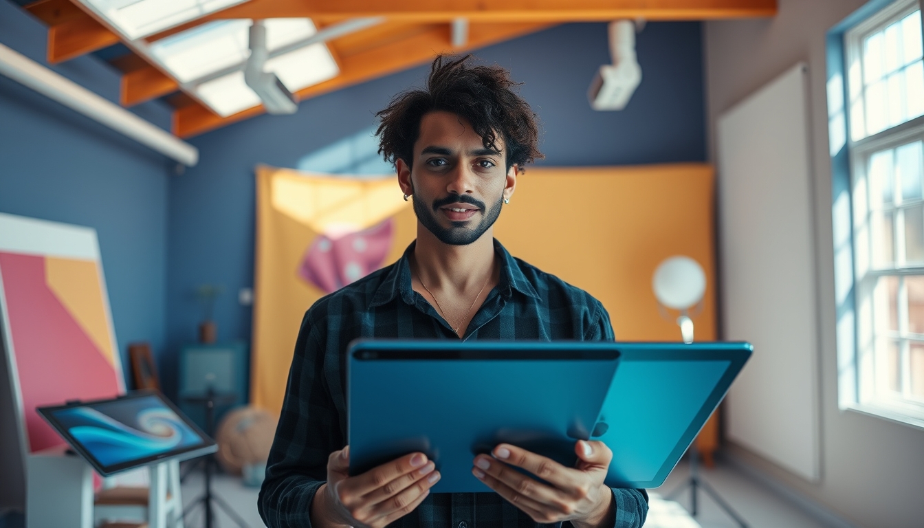 NFT artist in a colorful studio with digital tablets em estilo editorial