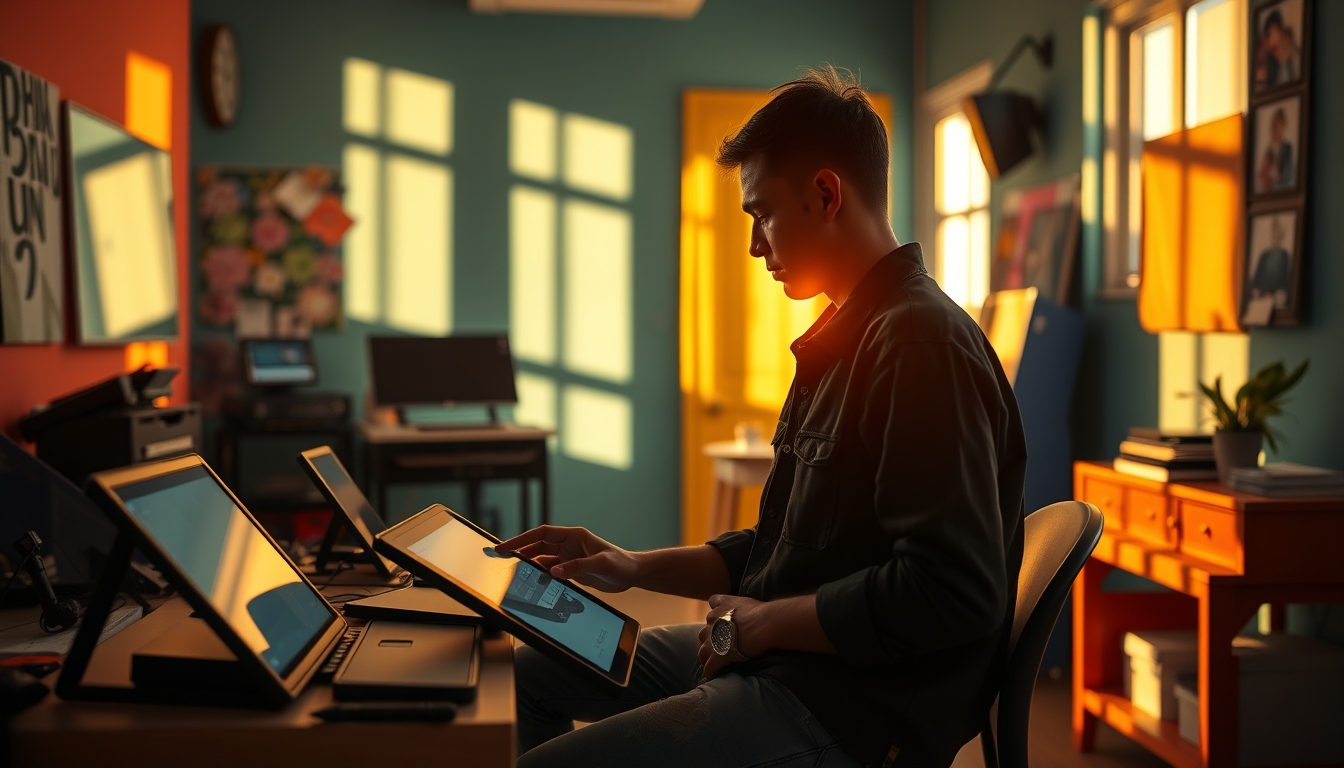 NFT artist in a colorful studio with digital tablets em estilo editorial