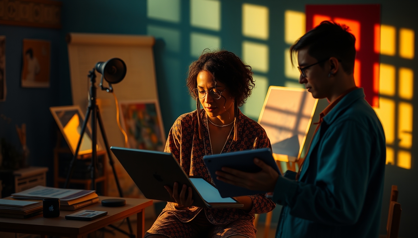 NFT artist in a colorful studio with digital tablets em estilo editorial