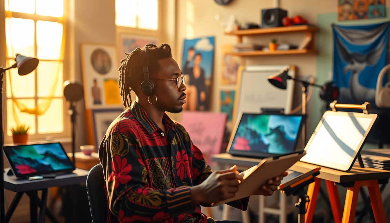 NFT artist in a colorful studio with digital tablets em estilo editorial