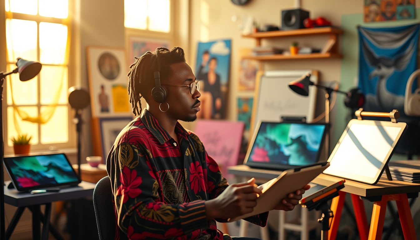 NFT artist in a colorful studio with digital tablets em estilo editorial