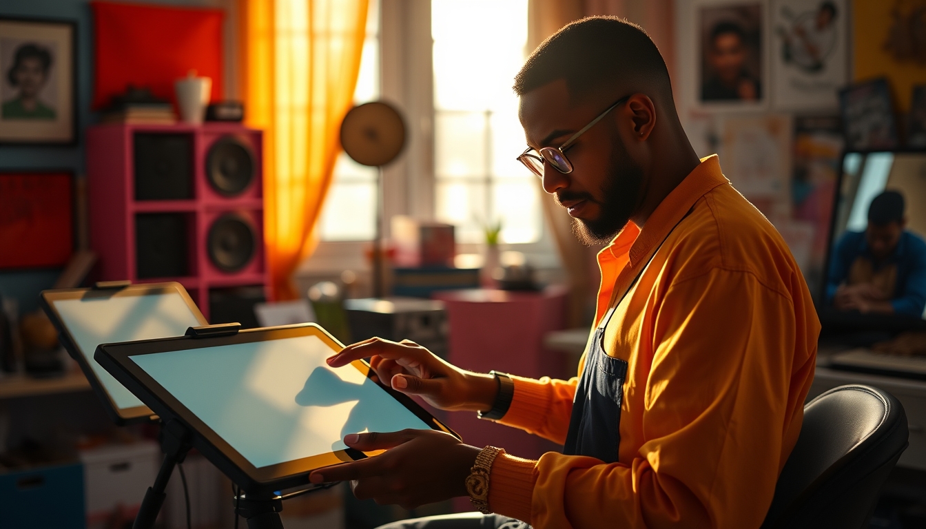 NFT artist in a colorful studio with digital tablets em estilo editorial