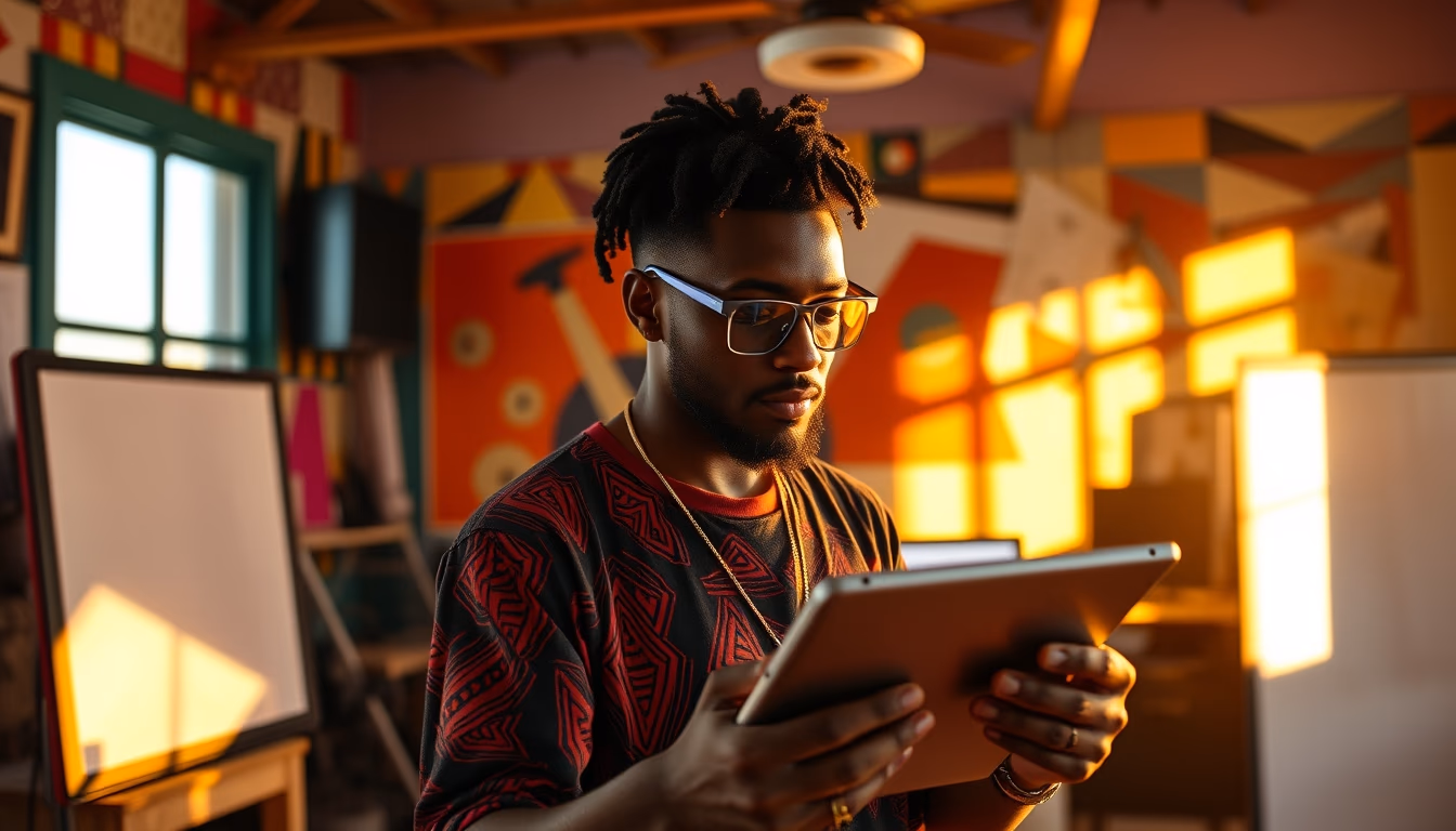 NFT artist in a colorful studio with digital tablets em estilo editorial