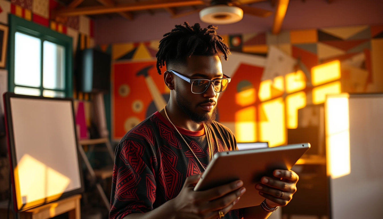 NFT artist in a colorful studio with digital tablets em estilo editorial