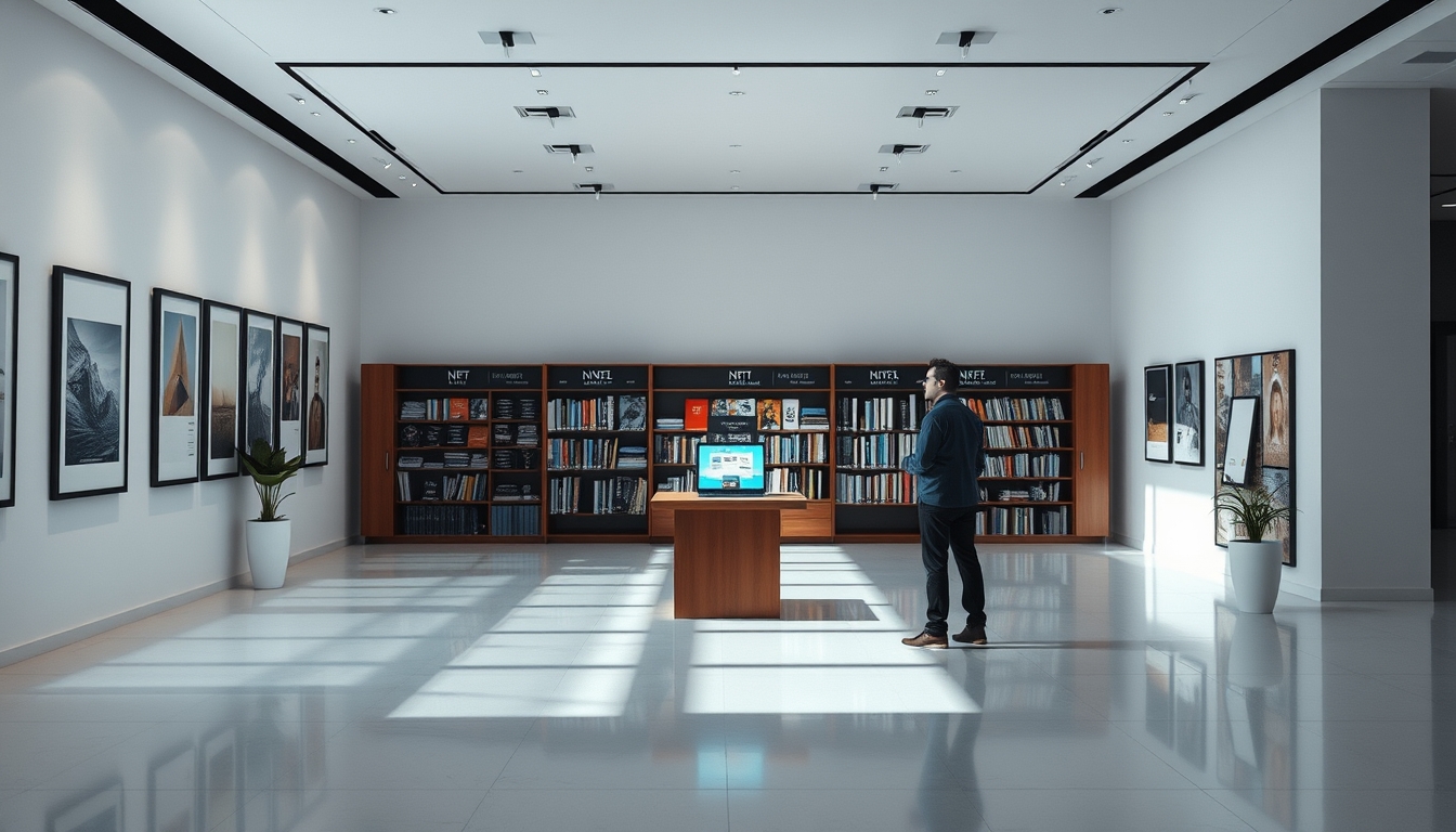 NFT marketplace gallery digital art display in editorial style