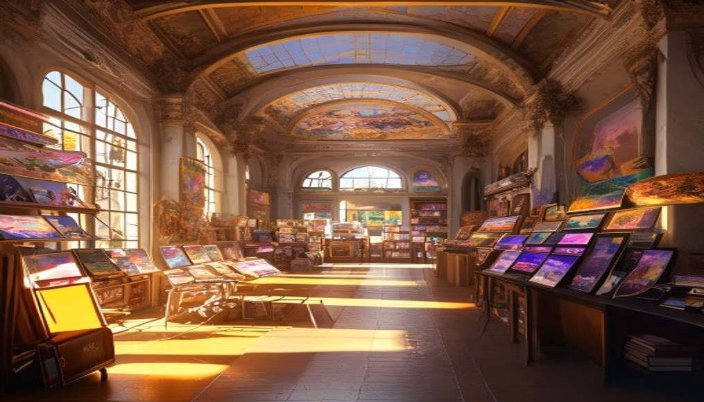 NFT marketplace gallery digital art display in editorial style