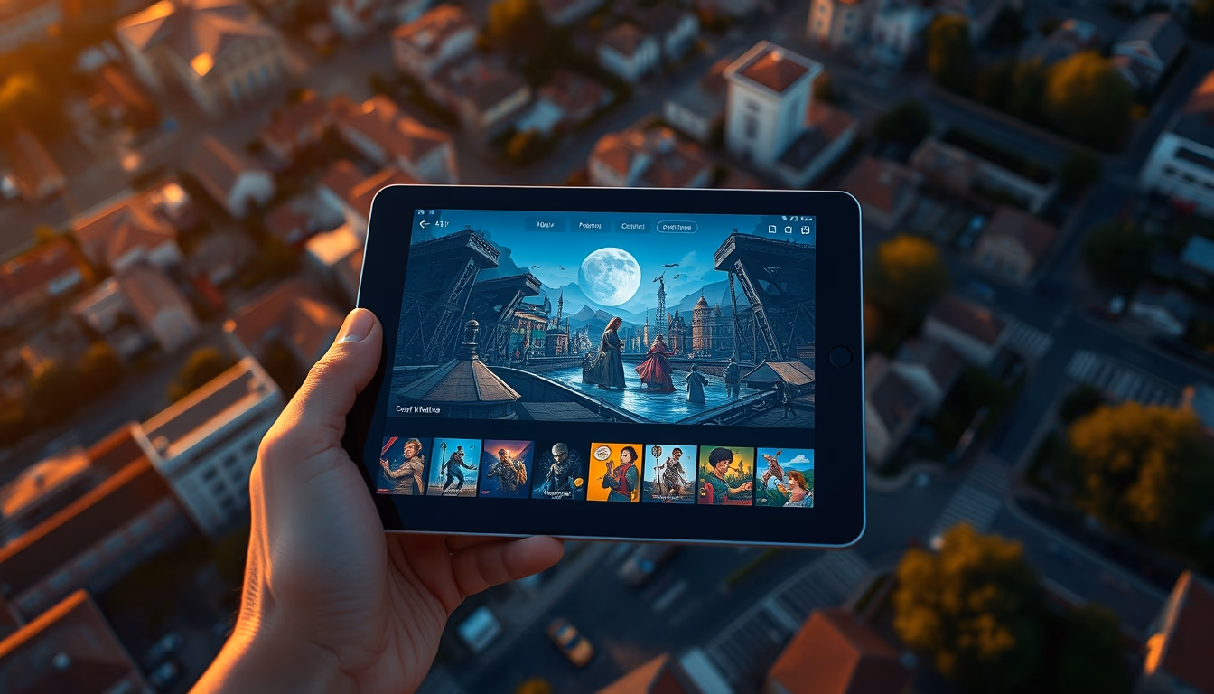 NFT marketplace gallery of digital art on tablet in editorial style