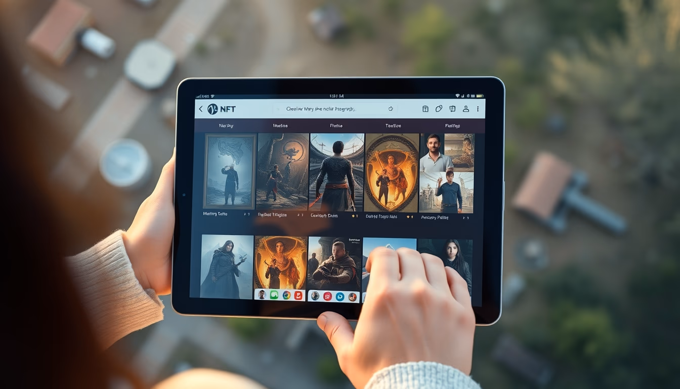 NFT marketplace gallery of digital art on tablet in editorial style