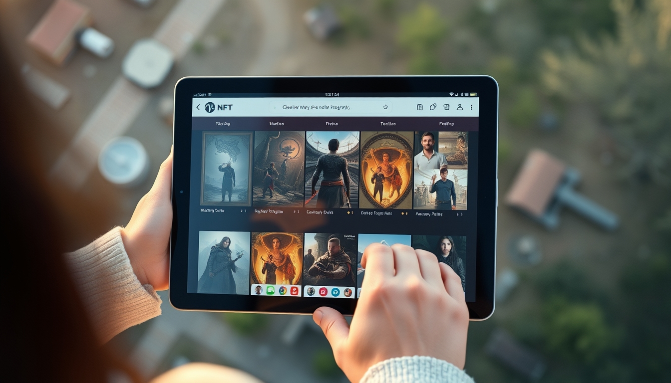 Marketplace de NFT galeria de arte digital em tablet em estilo editorial