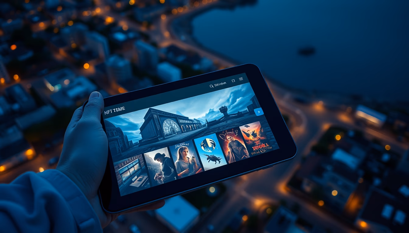 NFT marketplace gallery of digital art on tablet in editorial style