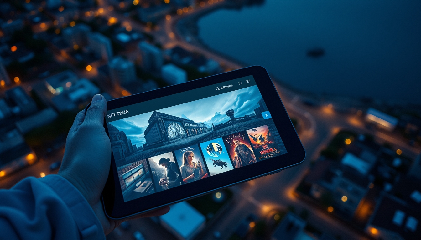 Marketplace de NFT galeria de arte digital em tablet em estilo editorial