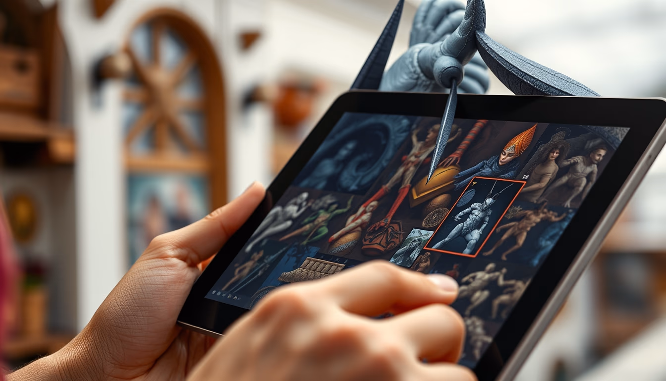 NFT marketplace gallery of digital art on tablet in editorial style