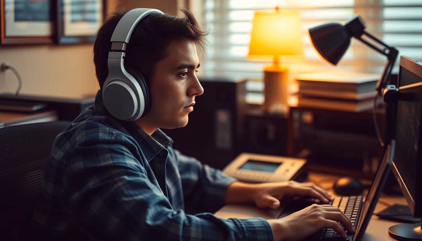 noise cancelling headphones desk in editorial style