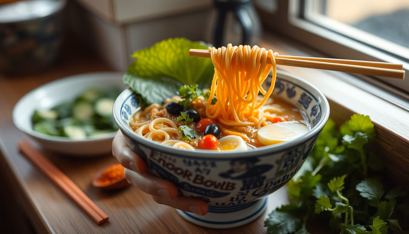 noodles ramen bowl in editorial style