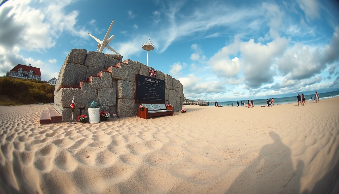 normandy beach memorial in editorial style