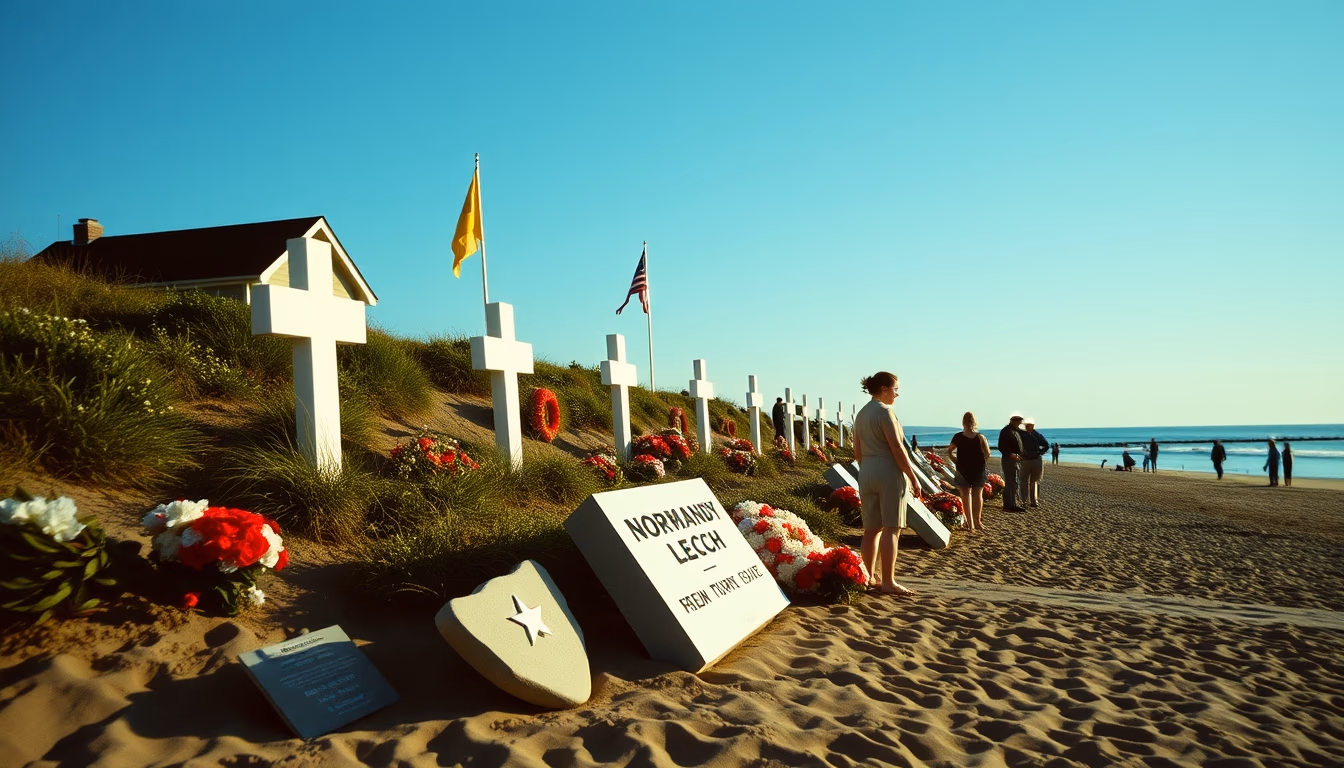 normandy beach memorial in editorial style
