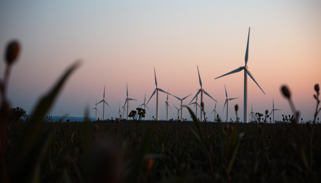 Northeast wind farm turbines against scrubland vegetation in editorial style