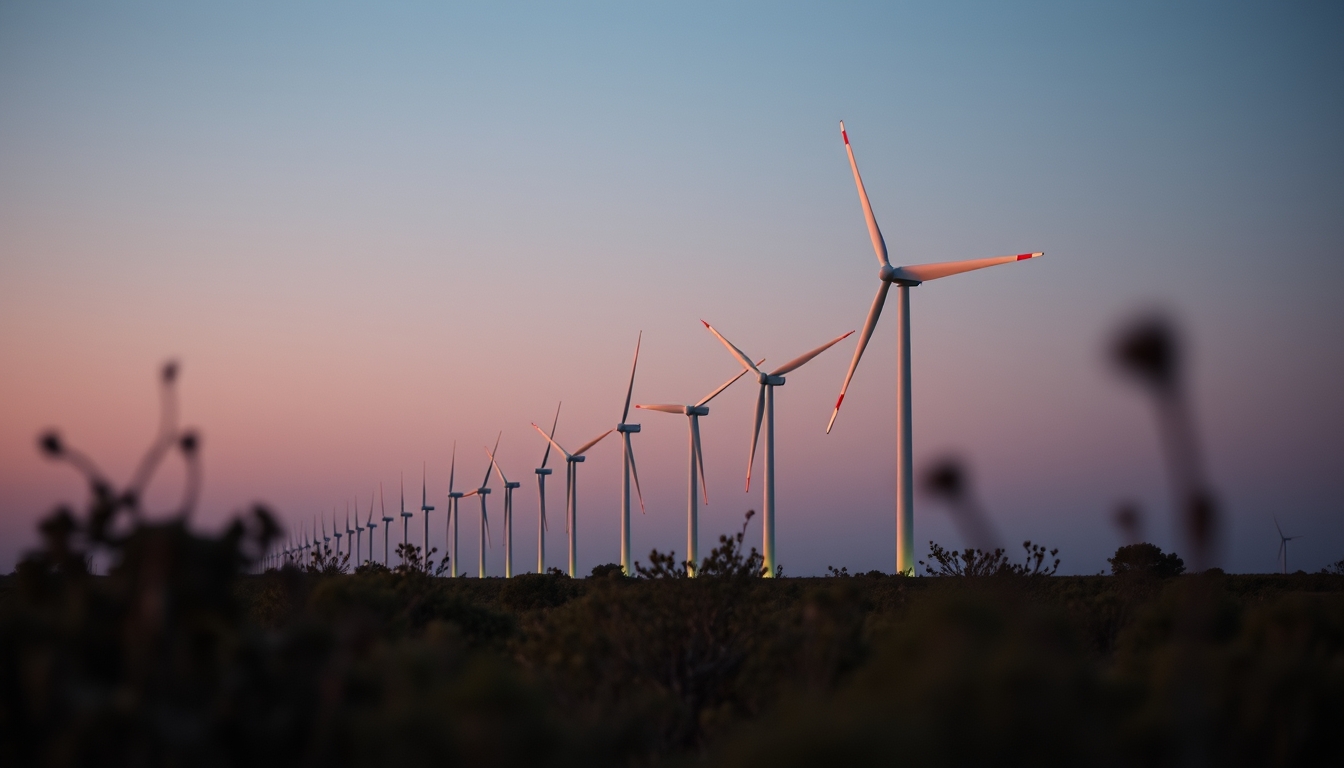 Northeast wind farm turbines against scrubland vegetation in editorial style