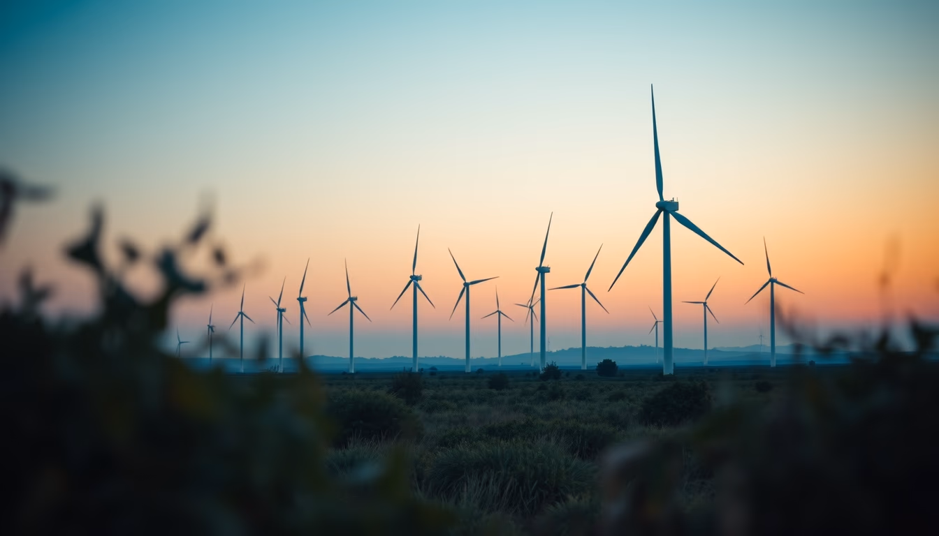 Northeast wind farm turbines against scrubland vegetation in editorial style