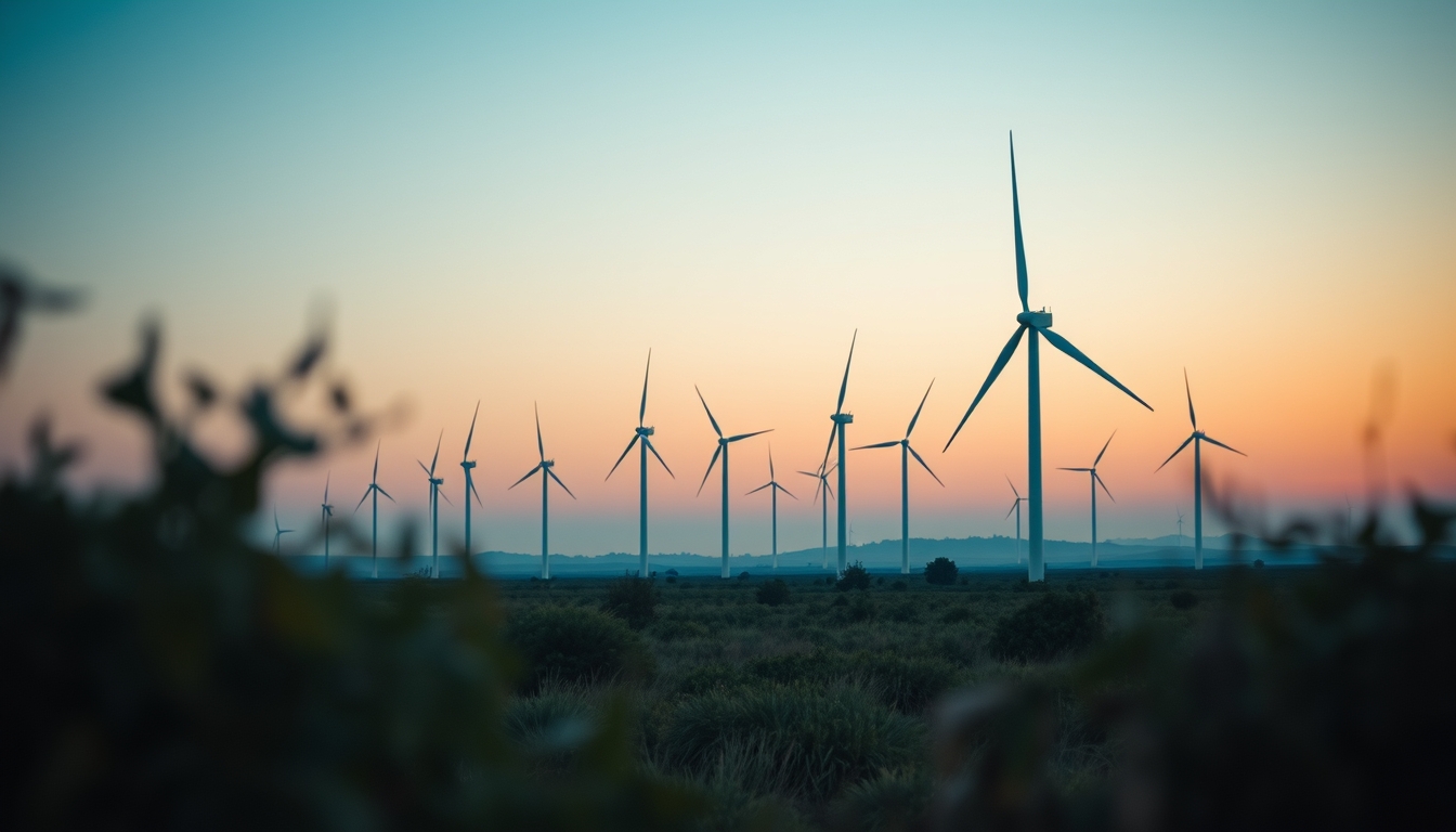 Northeast wind farm turbines against scrubland vegetation in editorial style