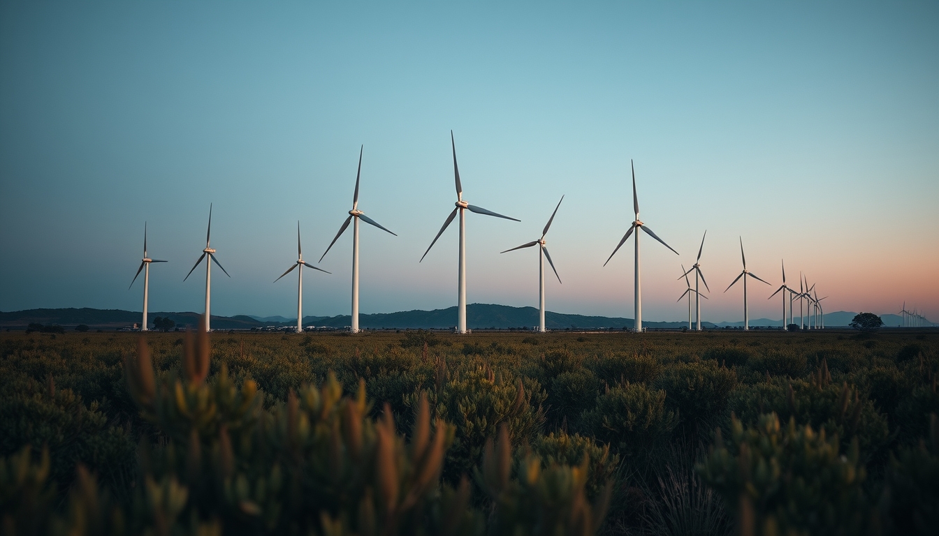 Northeast wind farm turbines against scrubland vegetation in editorial style