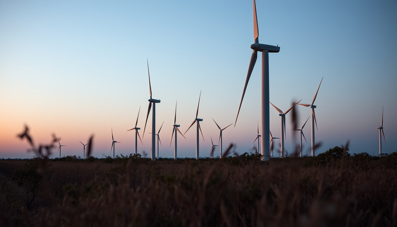 Northeast wind farm turbines against scrubland vegetation in editorial style