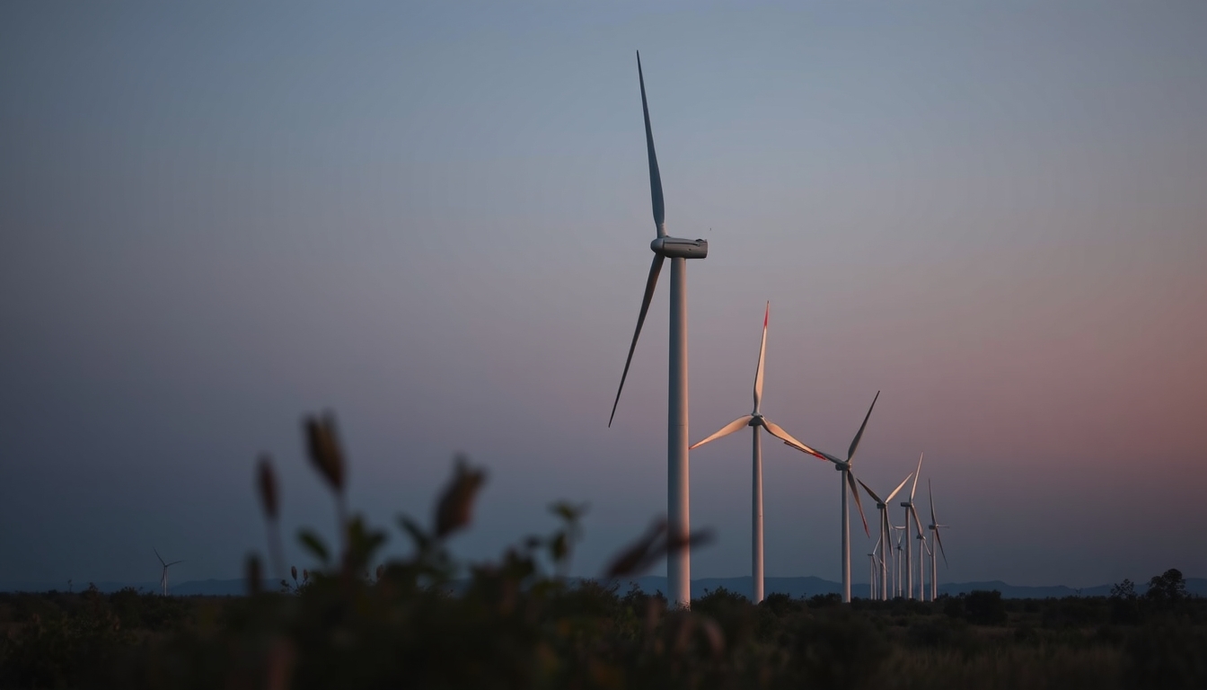 Northeast wind farm turbines against scrubland vegetation in editorial style