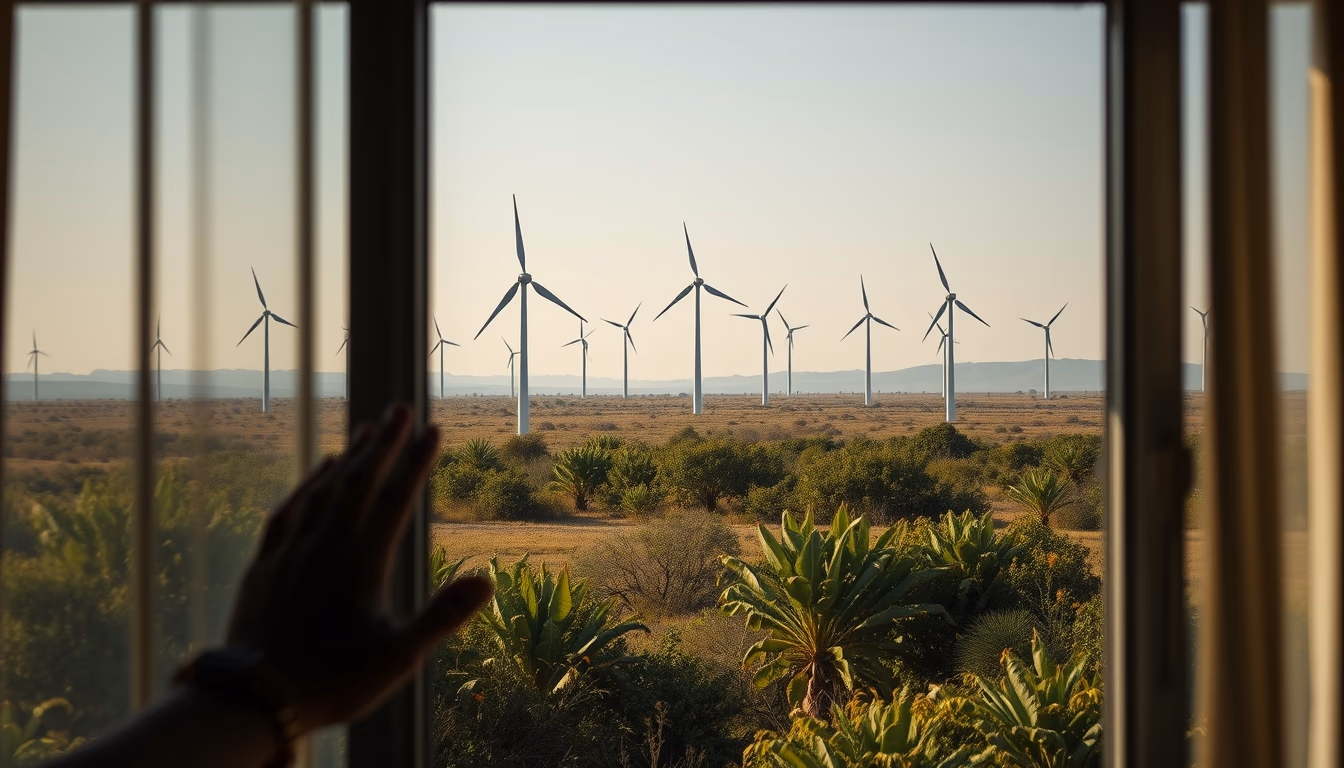 Northeast wind farm turbines against scrubland vegetation in editorial style