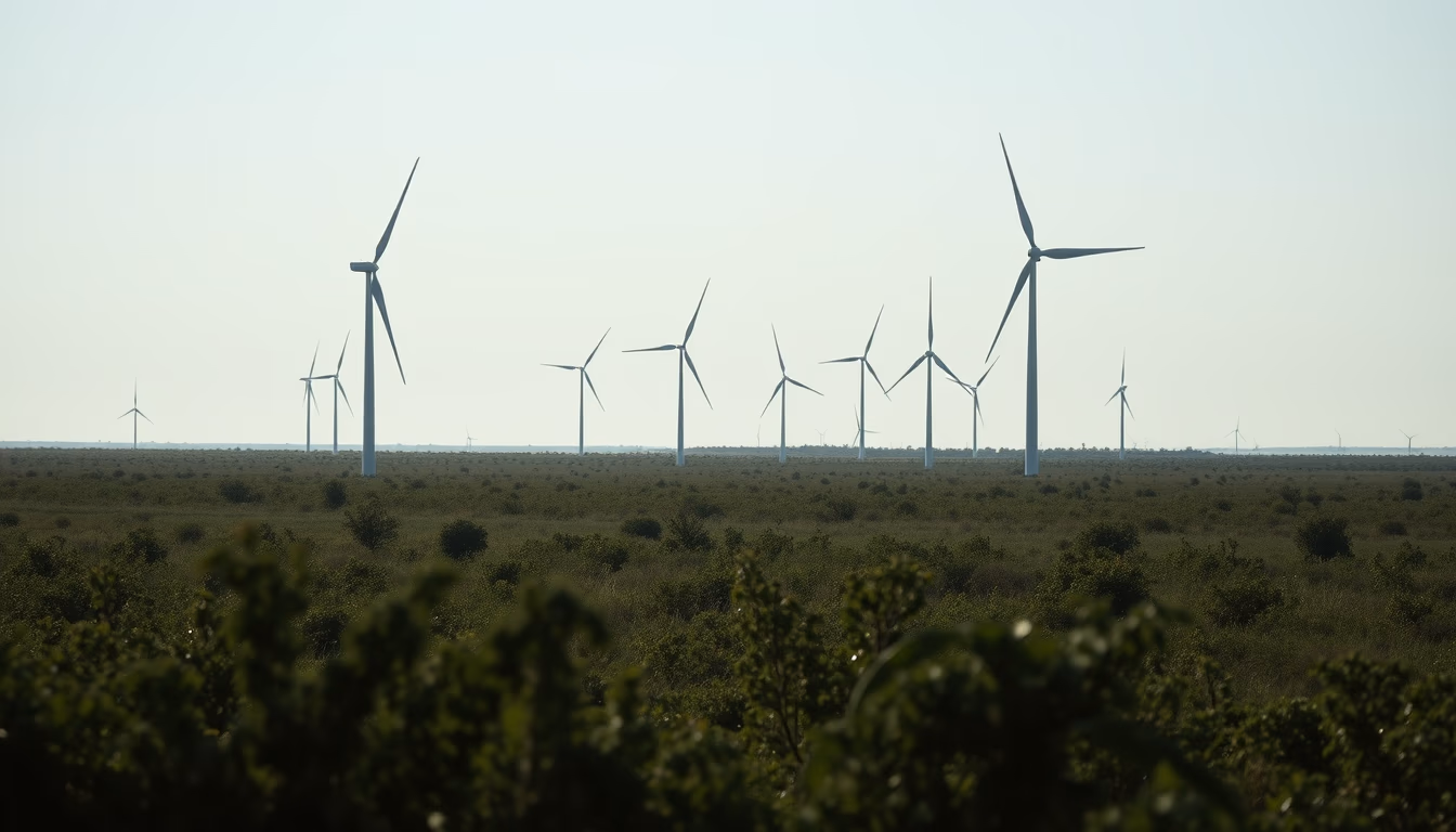 Northeast wind farm turbines against scrubland vegetation in editorial style