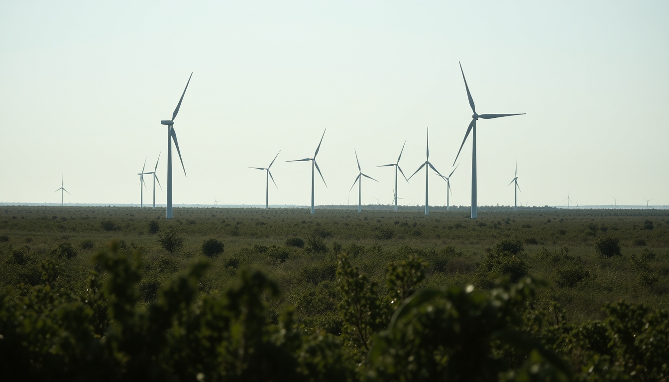 Northeast wind farm turbines against scrubland vegetation in editorial style
