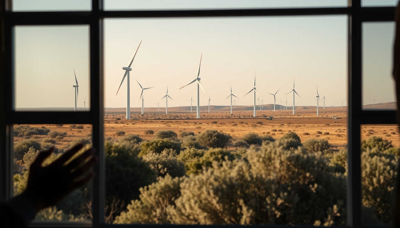 Northeast wind farm turbines against scrubland vegetation in editorial style