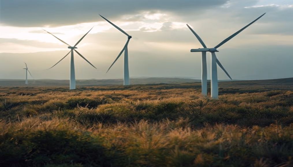 Northeast wind farm turbines against scrubland vegetation in editorial style