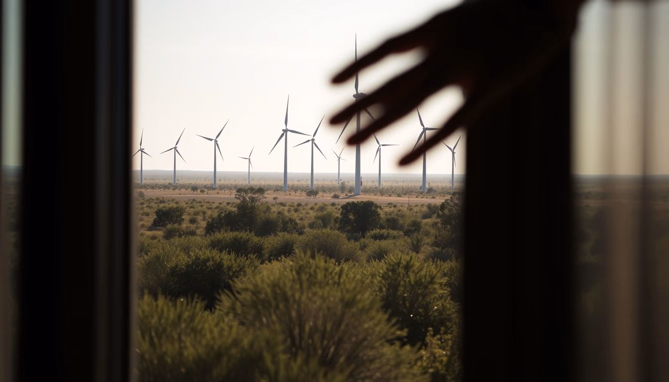 Northeast wind farm turbines against scrubland vegetation in editorial style