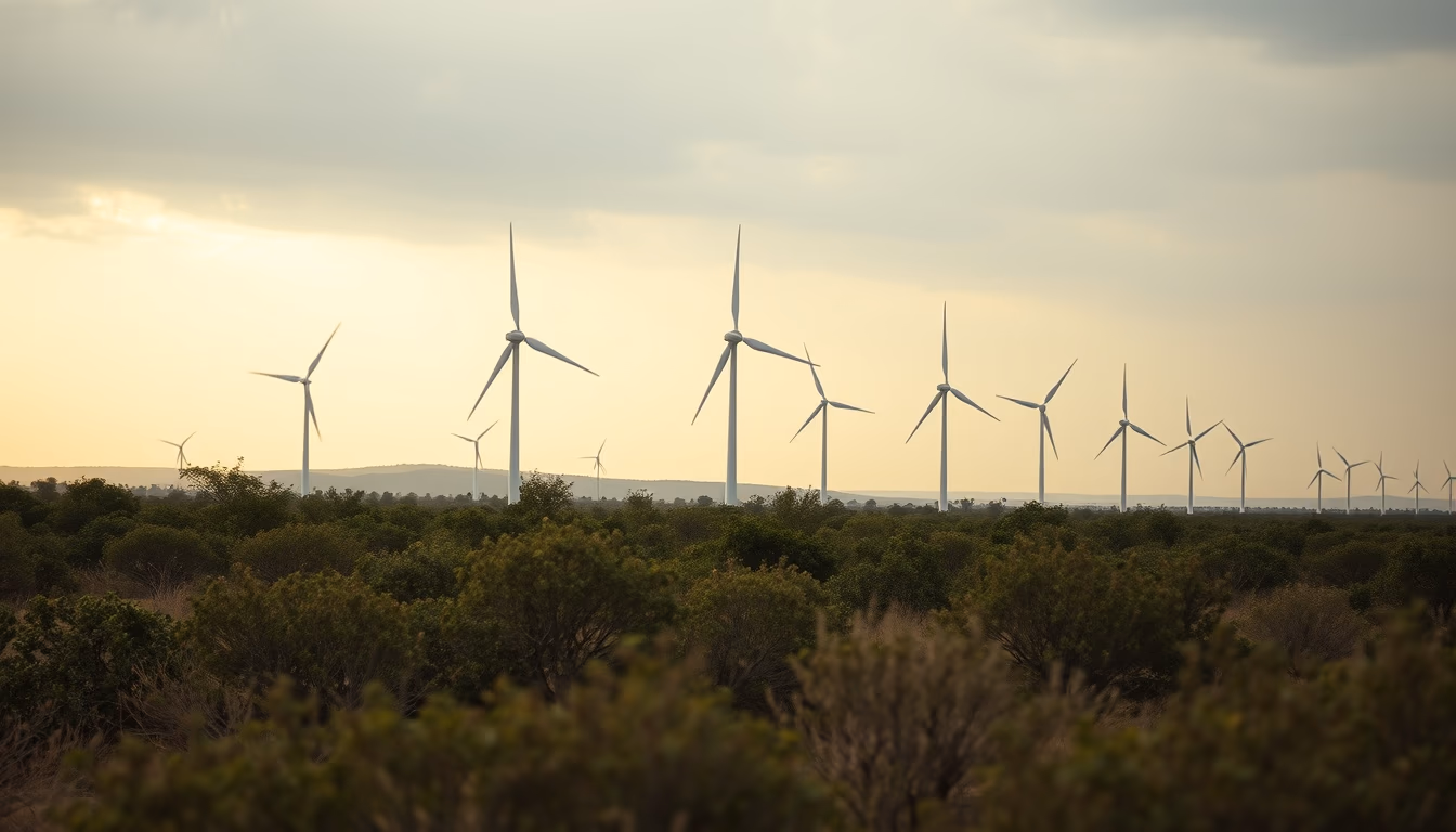 Northeast wind farm turbines against scrubland vegetation in editorial style