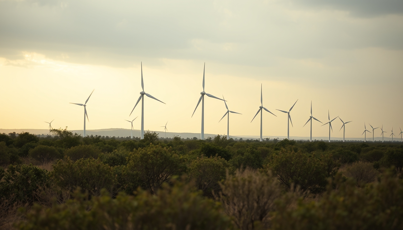 Northeast wind farm turbines against scrubland vegetation in editorial style