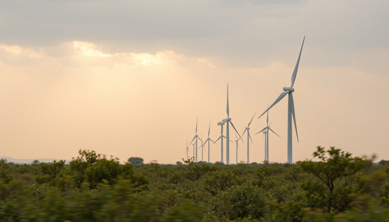 Northeast wind farm turbines against scrubland vegetation in editorial style