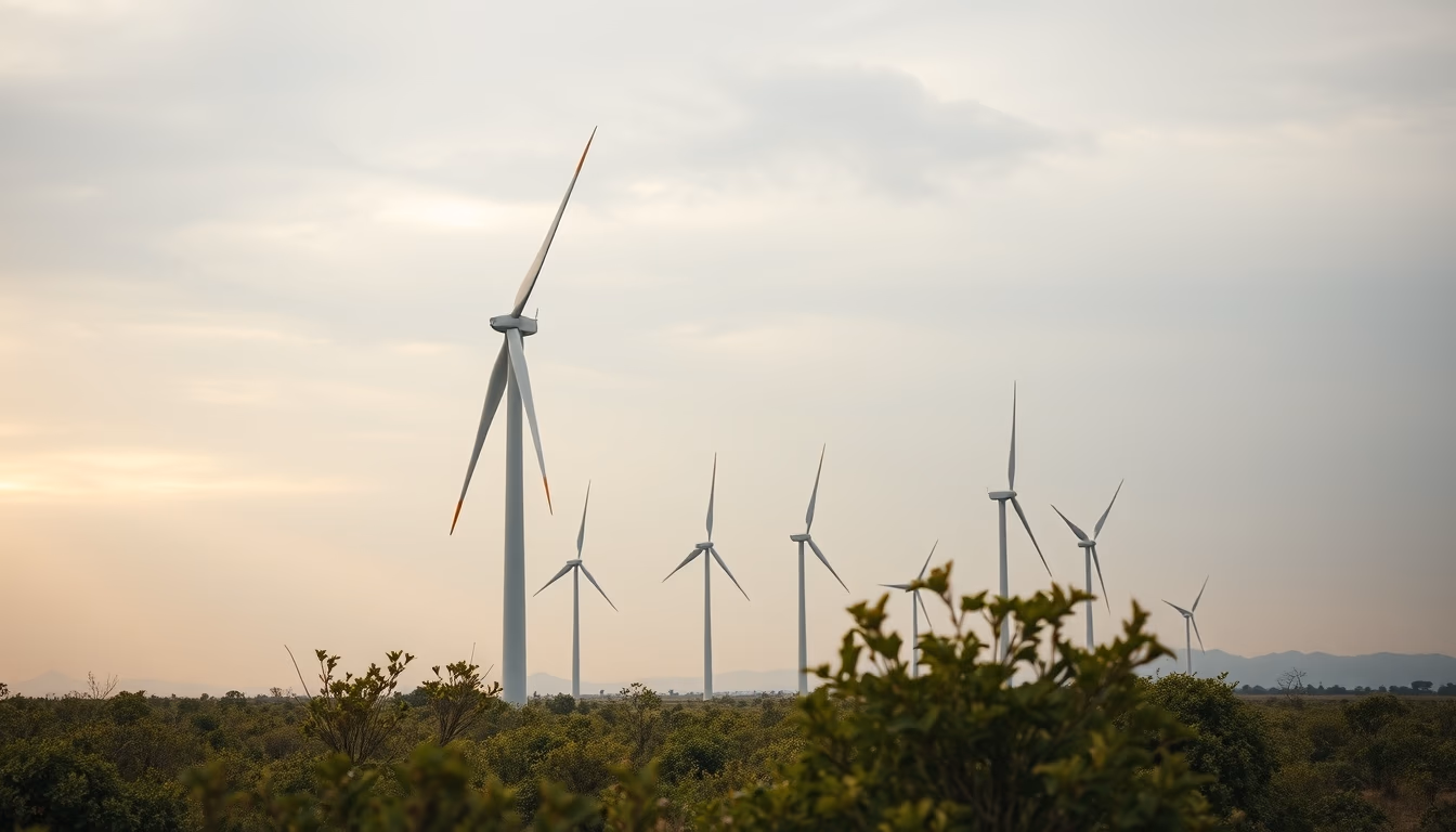 Northeast wind farm turbines against scrubland vegetation in editorial style