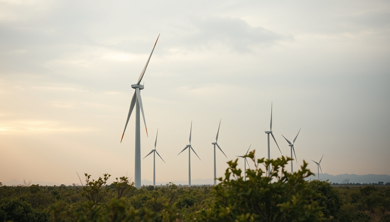 Northeast wind farm turbines against scrubland vegetation in editorial style