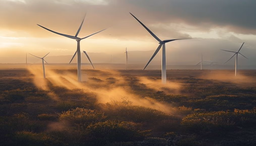 Northeast wind farm turbines against scrubland vegetation in editorial style