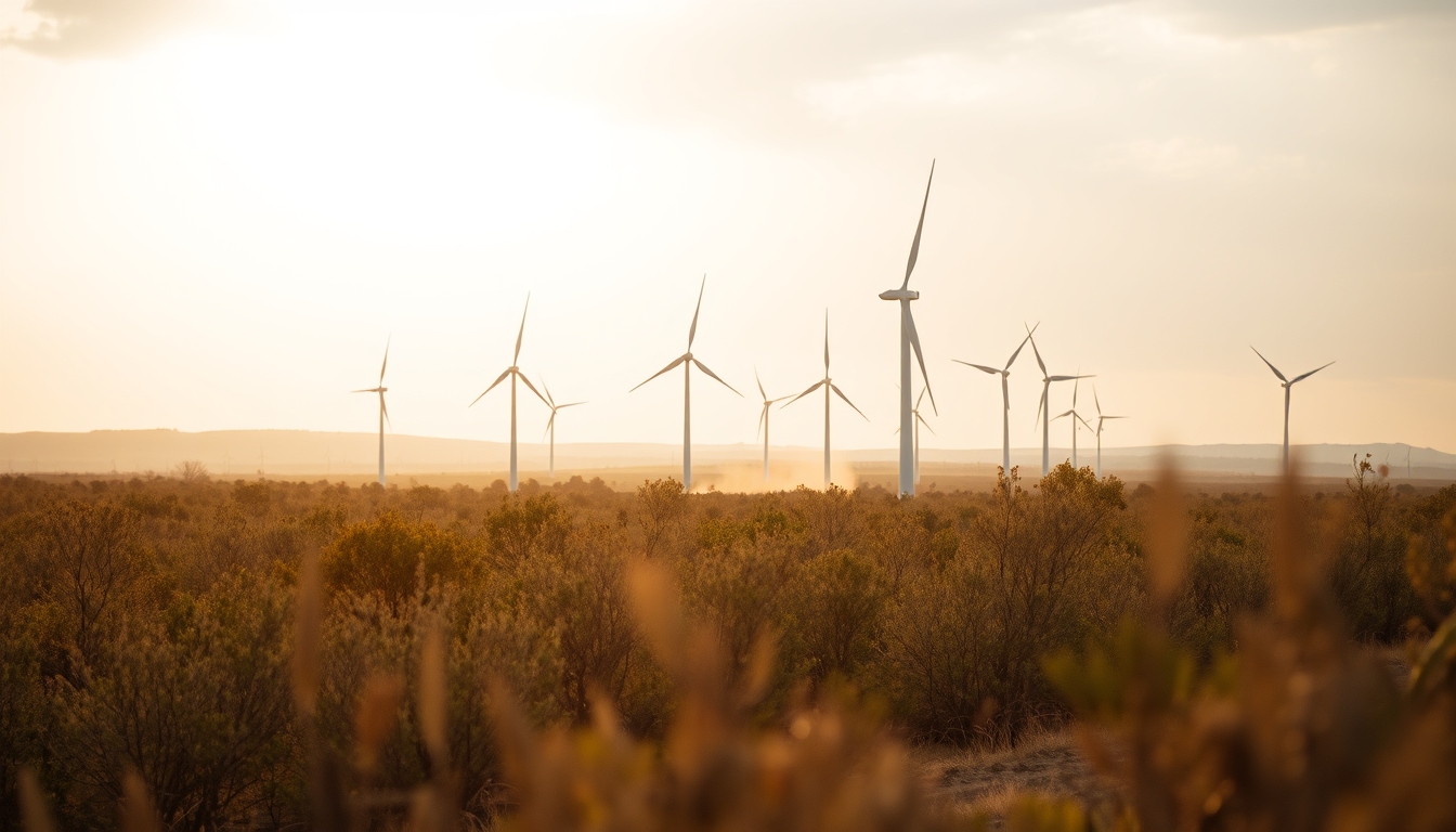 Northeast wind farm turbines against scrubland vegetation in editorial style